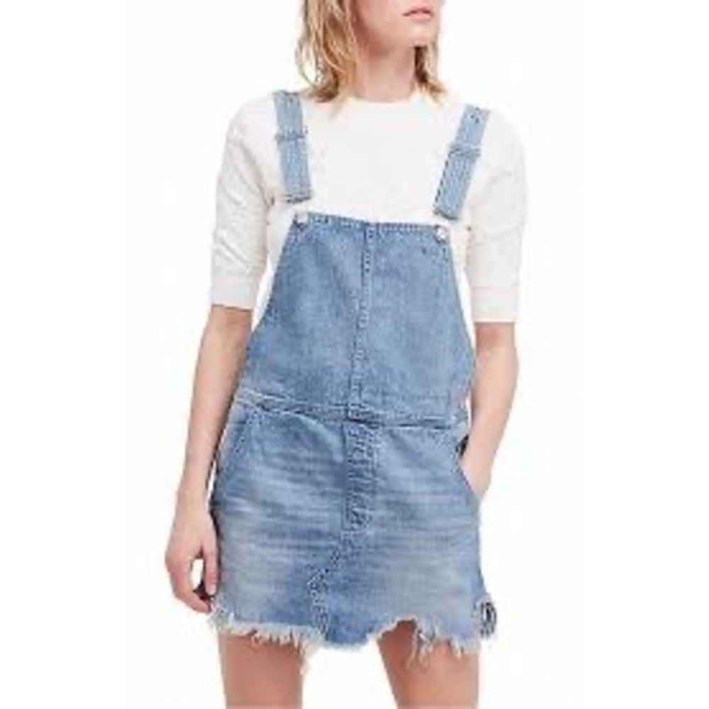 Free People‎ Denim Overall Mini Dress Raw Hem Women's Size 4